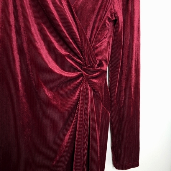 ASTR the Label Lanita Velvet Dress, Surplice Front, Faux Knot Waist, Merlot, M - Picture 10 of 16